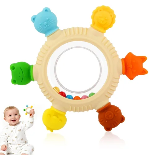 Anillos de dentición para bebés de 0 a 6 a 12 meses, sonajero de animales, juguetes sensoriales para bebés de 0 a 24 meses, alivio de mordedores de