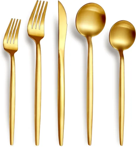 Juego de cubiertos dorados de 20 piezas para 4, cubiertos de acero inoxidable 18/10 con cucharas y tenedores gruesos, cubiertos dorados mate,