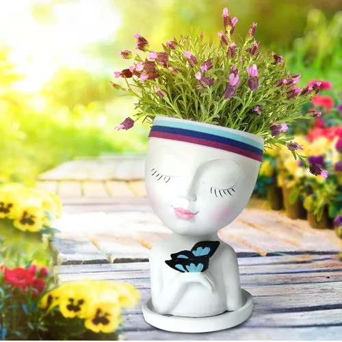 Miniatura 3 de WEWEOW - Maceta con Cara/Maceta de Flores para Plantas de Interior y Exterior, Resina, Maceta para Suculentas con Agujero de Drenaje, Linda Maceta