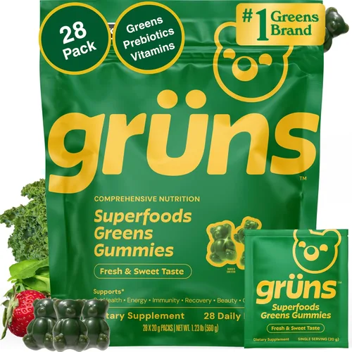 Gruns - Gomitas multivitamínicas Super Greens para adultos, superalimento de vitaminas con espirulina, clorella, fibra prebiótica para la salud