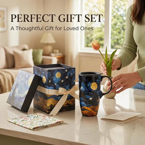 Miniatura 4 de Taza de cerámica Topadorn con taza de café de porcelana de 17 onzas. Taza de café y té con tapa, perfecta para café y té, caja de regalo incluida