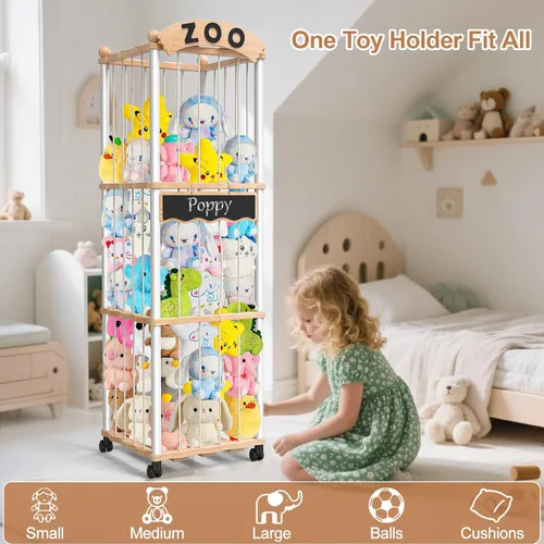 Miniatura 5 de Almacenamiento de animales de peluche, organizador de madera para animales de peluche, más de 120 almacenamientos de peluches, organizador