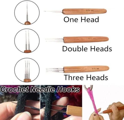 Miniatura 2 de 0.020 in 0.030 in 1/2/3 cabeza dreadlock ganchillo gancho mango de bambú trenza pelo rastas aguja tejer ganchillo pelo dreadlock trenza accesorios