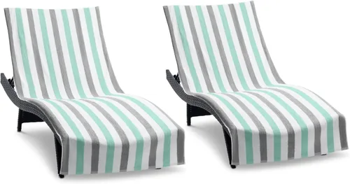 Miniatura 8 de Arkwright Cabo Funda para Tumbona - Paquete de 2 - Toalla de Cabana de Algodón Suave a Rayas con Portabolsillos para Silla de Playa, Piscina