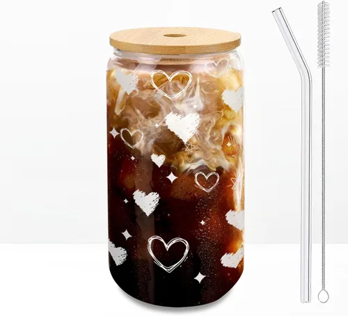 Miniatura 14 de Vasos de vidrio con tapas y pajitas, 1 paquete, tazas de café de vidrio, taza de vidrio con tapa para café helado, batido, cóctel, cerveza, whisky