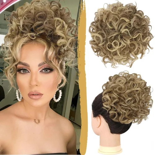 Miniatura 10 de PEACOCO Extensión de Cola de Caballo Corta y Rizada Moño Desordenado con Cordón Elástico Moño de Cabello Suelto para Mujeres con Cabello Delgado