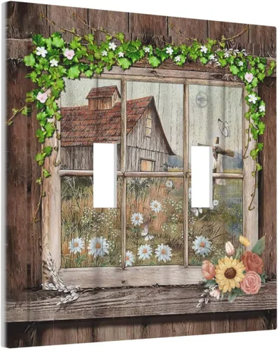 Miniatura 165 de Placa Cubierta de Interruptor de Luz de Palanca Individual con Diseño de Flor Botánica en Tablero de Madera Rústico Estilo Granja - Placa de Pared
