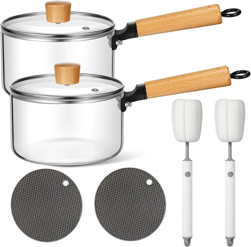 Miniatura 7 de Uiifan 2 Juegos de Ollas de Vidrio para Cocinar en la Estufa, Utensilios de Cocina de Vidrio Transparente, Olla de Cocción Transparente con Tapa