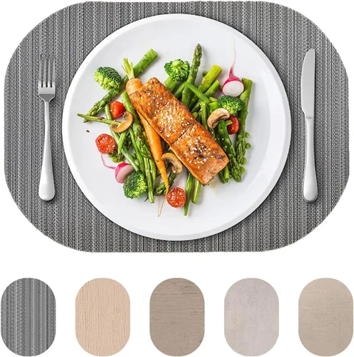 Andie Home - Manteles individuales ovalados para mesa de cocina y comedor, juego de 6 piezas, resistentes al calor y lavables a la superficie, gris