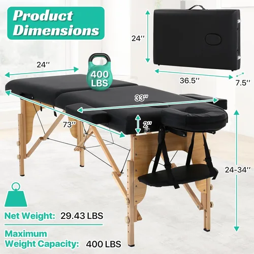 Miniatura 3 de Mesa de masaje portátil - Cama de spa plegable para fisioterapia, esteticista, tatuaje - negro