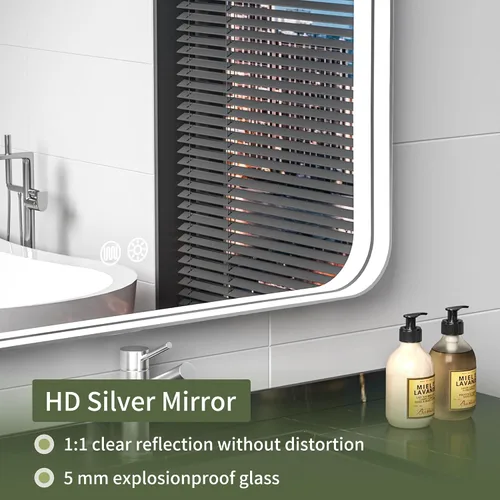 Miniatura 8 de Espejo de baño LED de 16 x 24 pulgadas con luces, marco plateado rectangular redondeado con diseño de tira de luz incrustada, 3 colores y regulable
