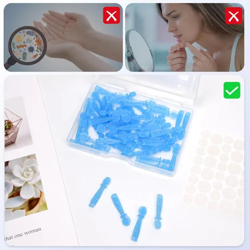 Miniatura 5 de 50 paquetes de agujas desechables para espinillas y 72 puntos adhesivos para espinillas, para acné de puntos blancos con boca cerrada (50 paquetes)