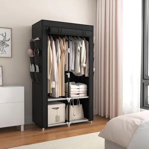 Miniatura 8 de VTRIN Armario portátil para colgar ropa con 4 estantes de almacenamiento, 2 varillas para colgar y 6 bolsillos, estante de ropa estable y de fácil