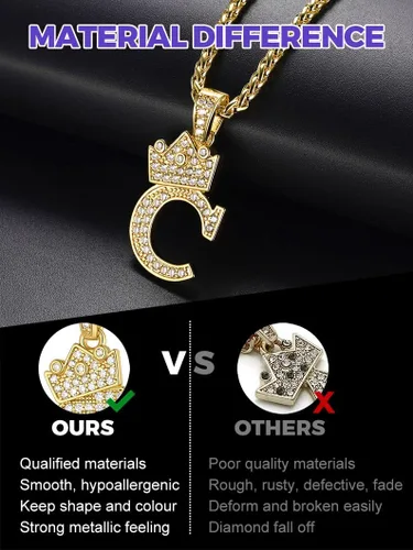 Miniatura 5 de Richsteel Collar con inicial para hombre, chapado en oro de 18 quilates, corona brillante con circonita cúbica, monograma, colgante para mujer