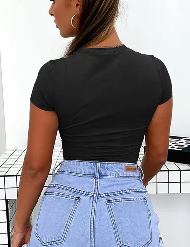Miniatura 3 de Kaximil Camisetas básicas ajustadas para mujer, manga corta, cuello redondo, sexy, para adolescentes y niñas