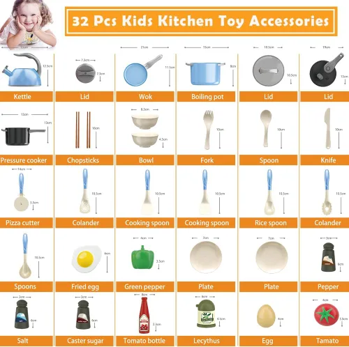 Miniatura 3 de Bruvoalon Juego de 32 juguetes de cocina para niños, accesorios de cocina con ollas, sartenes, utensilios de cocina, alimentos, verduras enlatadas