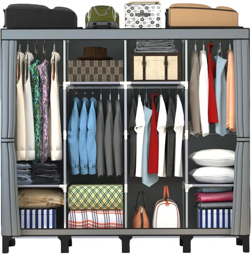 Miniatura 9 de Armario portátil, caja de almacenamiento de ropa, armario simple para colgar ropa, múltiples estantes y 3 barras, 6 bolsillos laterales (negro)
