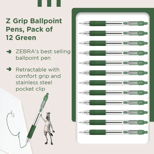 Miniatura 3 de Zebra Pen Z Grip - Bolígrafos verdes, suaves y cómodos con clip de bolsillo, bolígrafos retráctiles con tinta verde, paquete múltiple fiable