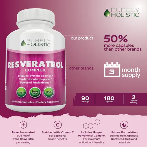 Miniatura 2 de Purely Holistic Resveratrol 1450 mg, 90 porciones, suplemento antioxidante trans-resveratrol con vitamina C y complejo de polifenoles, 180 cápsulas