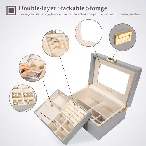 Miniatura 3 de LANDICI Caja organizadora de joyas para mujeres, adolescentes y niñas, estuche grande de almacenamiento de joyas con espejo, bandeja apilable