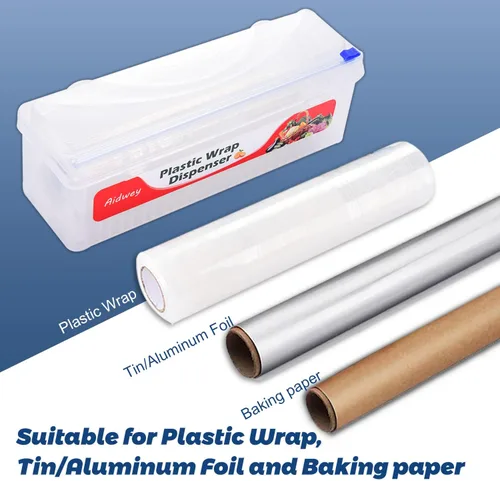Miniatura 5 de Dispensador de plástico con cortador, dispensador de envoltura adhesiva con cortador deslizante para película de alimentos, papel de estaño, papel