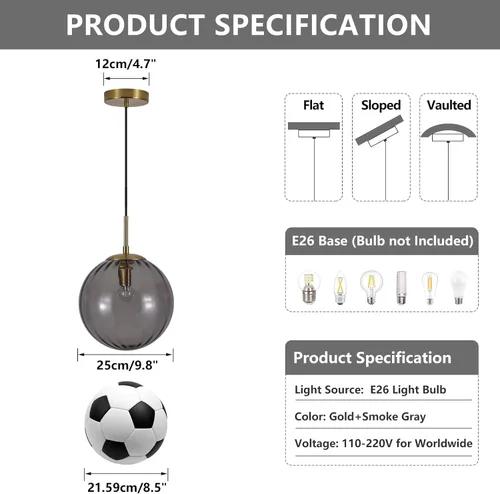 Miniatura 2 de KCO Lighting - Lámpara colgante moderna de globo grande, lámpara colgante de cristal gris humo de mediados de siglo, luces colgantes vintage