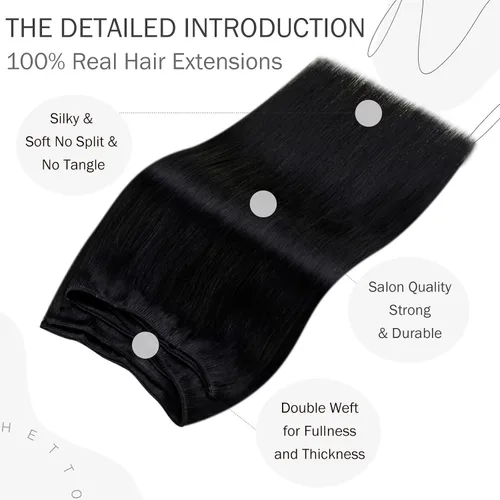 Miniatura 5 de Hetto - Extensiones de cabello humano real para coser, color negro azabache, #1, 12 pulgadas, 2.47 onzas Adhesivo suave, fuerte, uso diario