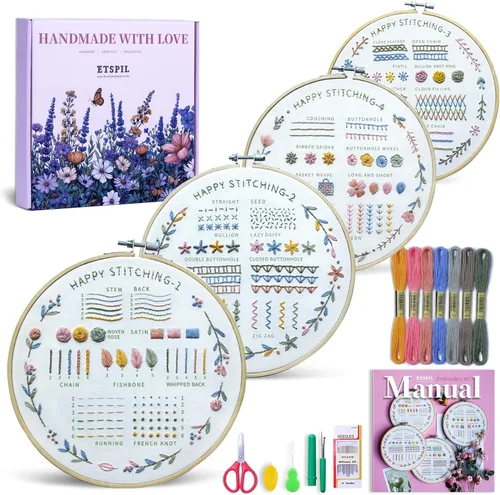 Miniatura 10 de ETSPIL Kit de bordado para adultos y adolescentes, paquete de 4 muestrarios florales, 2 aros ajustables, tela preimpresa, 17 hilos vibrantes, 16