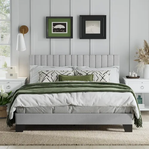 Miniatura 12 de Marco de cama tamaño Queen, cama plataforma tapizada en terciopelo con cabecero acolchado ajustable, marco resistente y listones, silencioso,