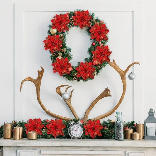 Miniatura 7 de Vanleonet 12 flores de Pascua artificiales con purpurina, decoraciones de flores de Navidad, adornos de árbol de nochebuena con purpurina