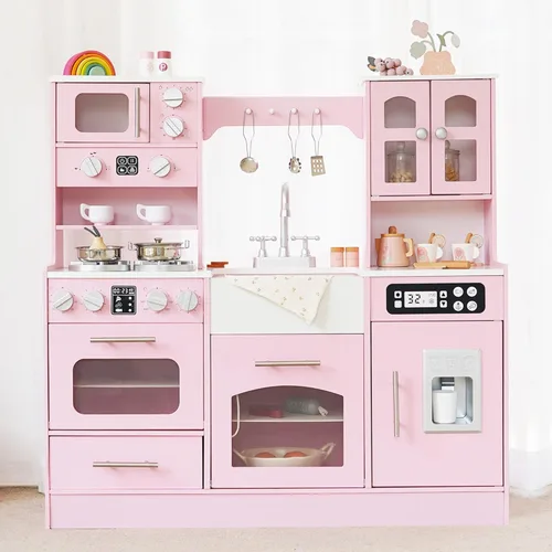 Cocina de madera para niños pequeños y niños con luces y sonidos, gran juego interactivo con máquina de hielo, estufa, fregadero, horno, 12