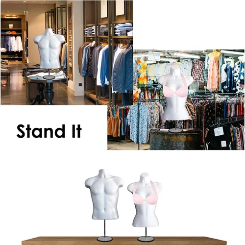 Miniatura 4 de Juego de torso de maniquí blanco para hombre y mujer, con forma de vestido con espalda hueca, con clips para ropa, soporte de metal para encimera
