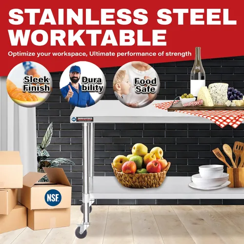 Miniatura 3 de DuraSteel Carrito de acero inoxidable NSF de 30 x 72 pulgadas, mesa de preparación de alimentos resistente con estante inferior, isla de cocina