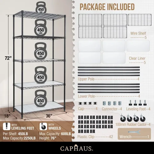 Miniatura 3 de CAPHAUS NSF - Estantería de alambre resistente de grado comercial con ruedas, patas de nivelación y revestimientos, estante de metal de Con forro