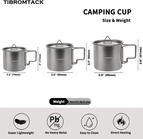 Miniatura 2 de Juego de 3 tazas de camping de titanio, 11.8 fl oz, 16.9 fl oz, 23.7 fl oz, ollas de café, utensilios de cocina con mango plegable para mochileros