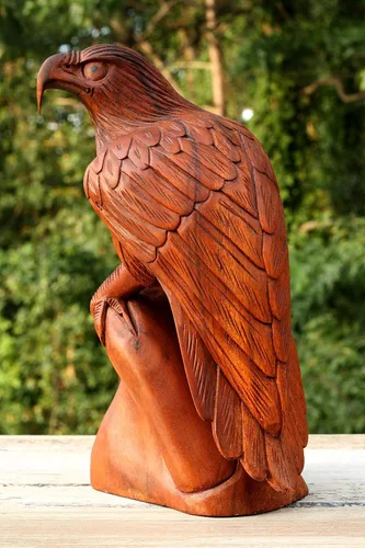 G6 Collection Estatua grande de madera maciza hecha a mano de águila americana de 12 pulgadas, escultura artística tallada a mano rústica cabaña