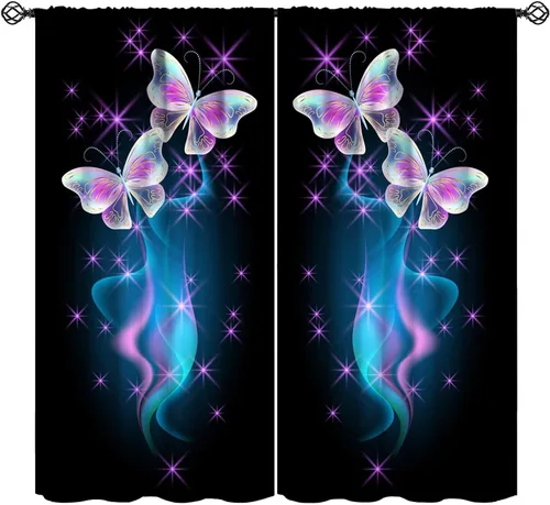 JESTRONRY Cortinas de ventana con diseño de mariposas, color rosa y azul, con bolsillo para barra, para sala de estar, dormitorio, cocina, baño,