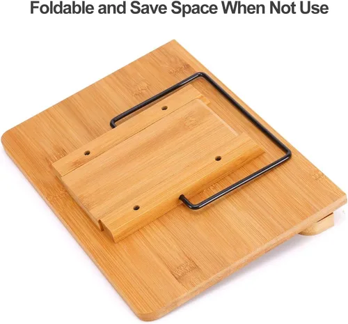 Miniatura 9 de MEGREZ Soporte de bambú para libros de 13.2 x 9.4 pulgadas, soporte plegable para libros de cocina con 6 alturas ajustables, soporte para libros