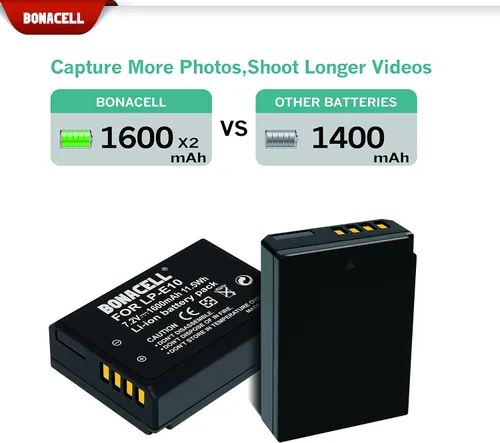 Miniatura 2 de Bonacell Paquete de 2 baterías LP-E10 y cargador dual LCD compatible con Canon EOS EOS 1100D, EOS 1200D, EOS 1300D, 1500D, 2000D, 3000D, Rebel T3