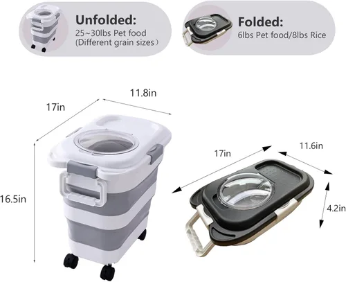 Miniatura 2 de SEWIU Paquete de 2 contenedores de almacenamiento de comida para perros de 25 lbs, contenedor de comida para perros plegable con cuchara