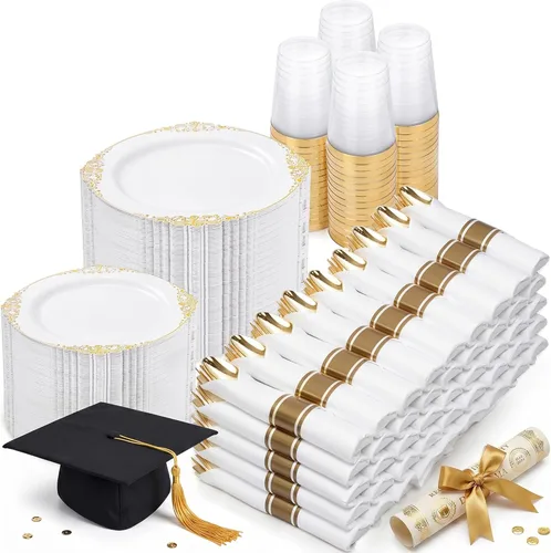 Miniatura 19 de Nervure 175 platos de plástico dorado transparente, platos desechables dorados para fiestas y servilletas preenrolladas con cubiertos para 25 Claro