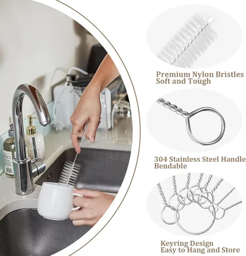 Miniatura 5 de Yolaist 8 limpiadores de botellas y pajitas, cepillo largo de nailon profundo con asas flexibles de acero inoxidable flexible para botellas