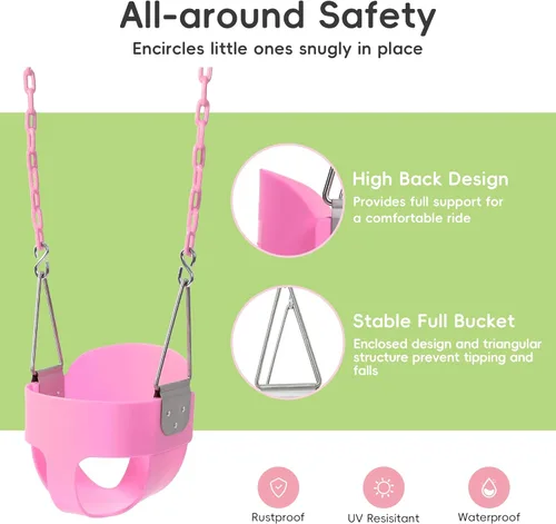 Miniatura 4 de Take Me Away - Asiento de columpio rosa con respaldo alto y cubo completo para bebés, cadena resistente con revestimiento de plástico para columpios