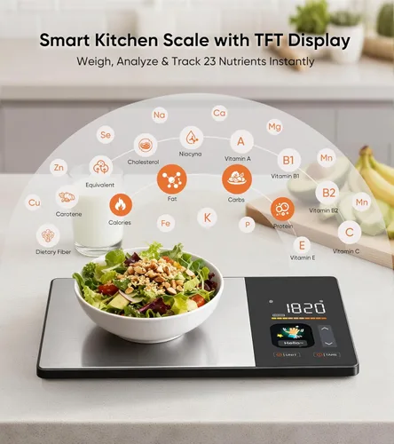 Miniatura 4 de KUAIVO Báscula inteligente de nutrición alimentaria con pantalla TFT, rastrea calorías, grasas, carbohidratos y proteínas, funciona con aplicación