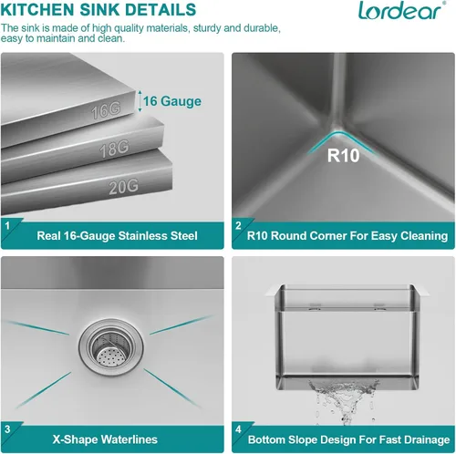 Miniatura 6 de Lordear Fregadero de cocina para interiores y exteriores de 15 x 17 con grifo plegable, Samll Bar Prep 16 calibre T304 de acero inoxidable