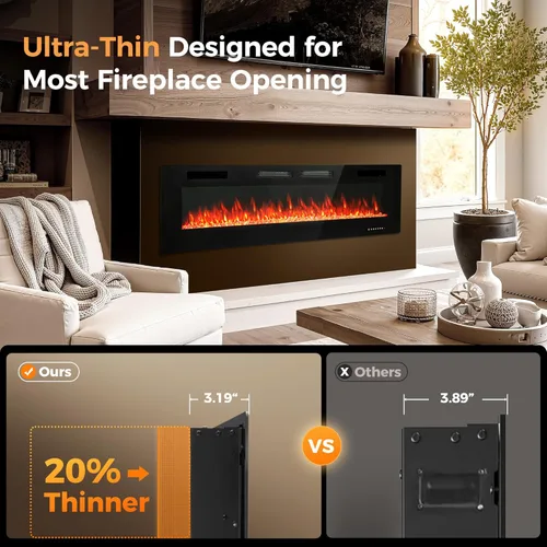 Miniatura 2 de GREEN PARTY - Chimenea eléctrica de 72" para empotrar/montar en la pared, ultradelgada de 3.2", calentador de chimenea de bajo ruido, chimenea