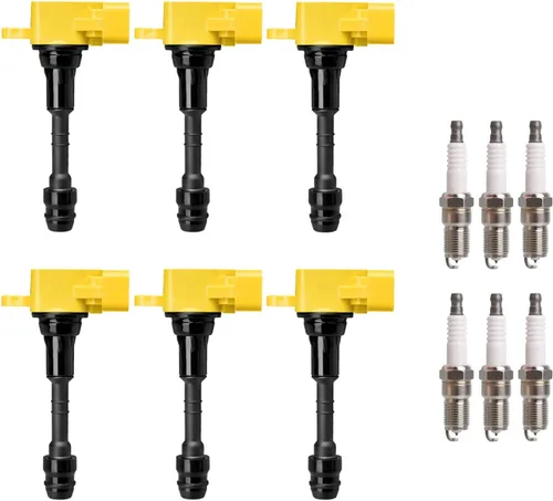 ENA Juego de 6 bobinas de encendido amarillas y bujías de iridio compatibles con Nissan Infiniti FX35 M35 G35 350Z 2003 2004 2005 2006 2007 2008