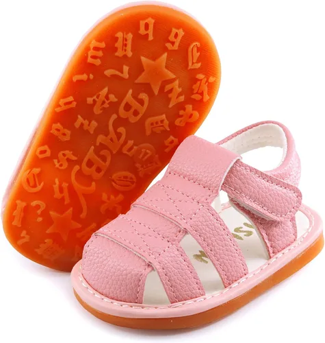 SOFMUO Sandalias chirriantes antideslizantes con suela de goma suave y puntera cerrada, zapatos de verano al aire libre para niños pequeños