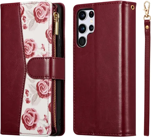 Miniatura 2 de UEEBAI Funda tipo cartera para Samsung Galaxy S22 Ultra 5G, piel sintética con cierre magnético, bolsillo con cremallera, ranuras para tarjetas