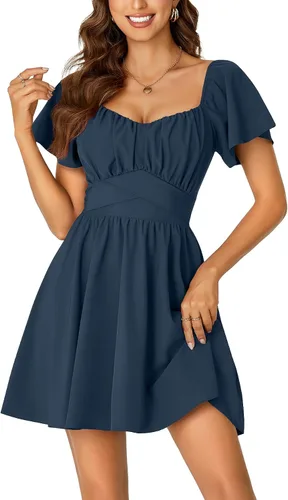 Miniatura 18 de Rooscier Minivestido acampanado de manga corta con volantes, cuello cuadrado, envolvente y espalda anudada para mujer